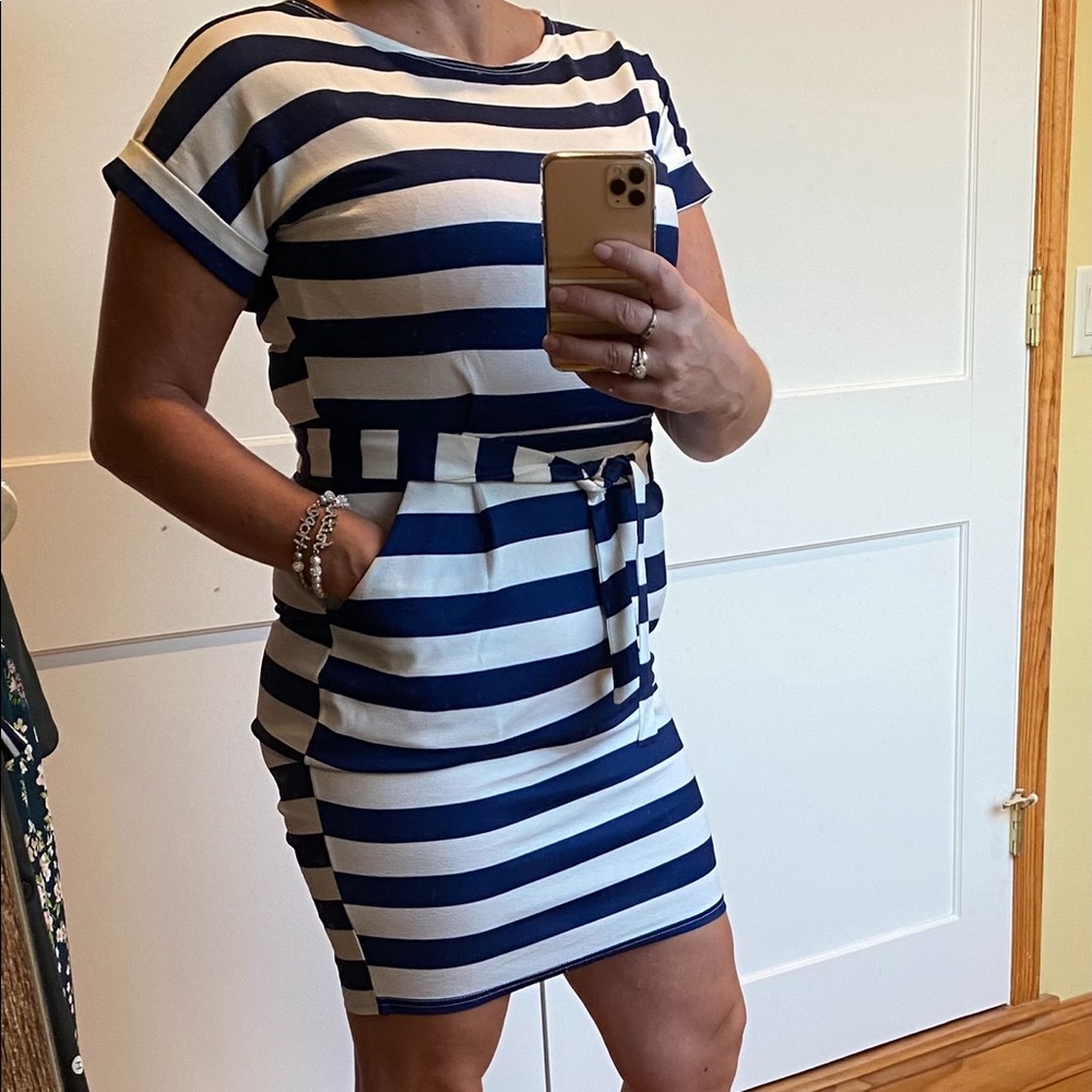 Blue and white stripped dress with waist tie.
